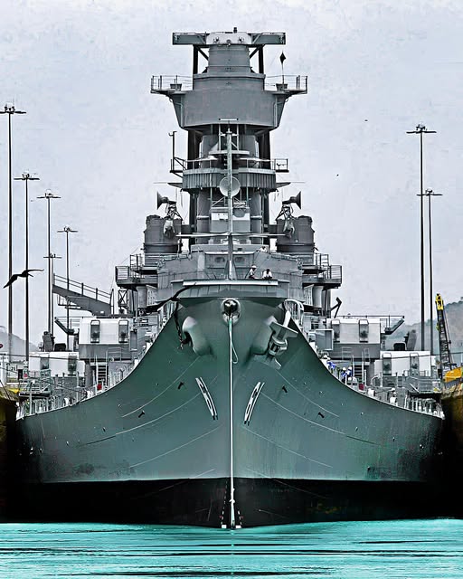 USS Iowa battleship squeezing through Panama Canal locks