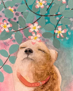 Dog looking up under flowering branches with pink blooms, painted in soft watercolor style