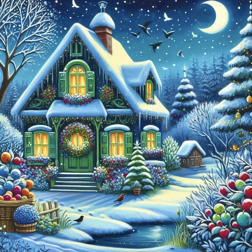Snowy winter cottage with glowing windows, moon, trees, birds, and a small frozen stream