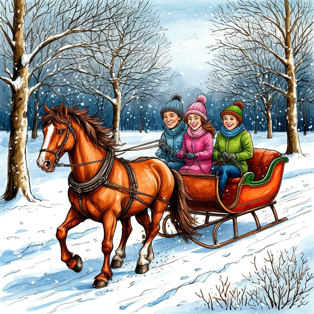 Children in winter clothing riding horse-drawn sleigh through snow with trees