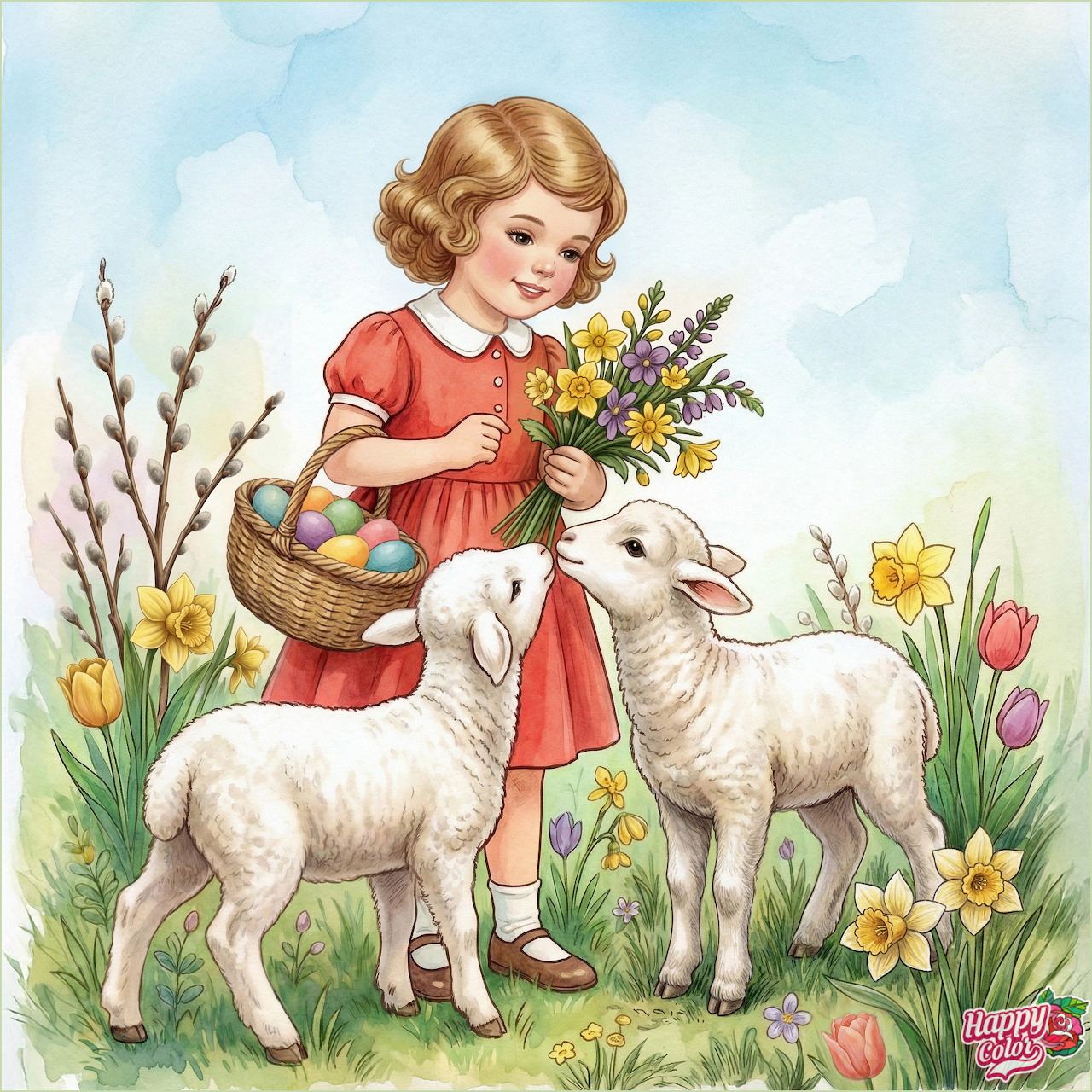 Girl in red dress with Easter basket and flowers feeding two white lambs among spring flowers