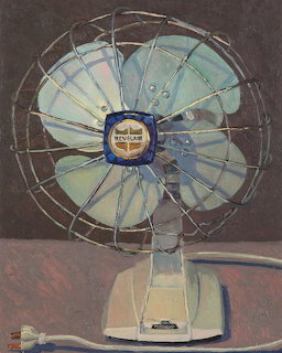 Vintage electric fan with metal wire cage and cream base, painted still life