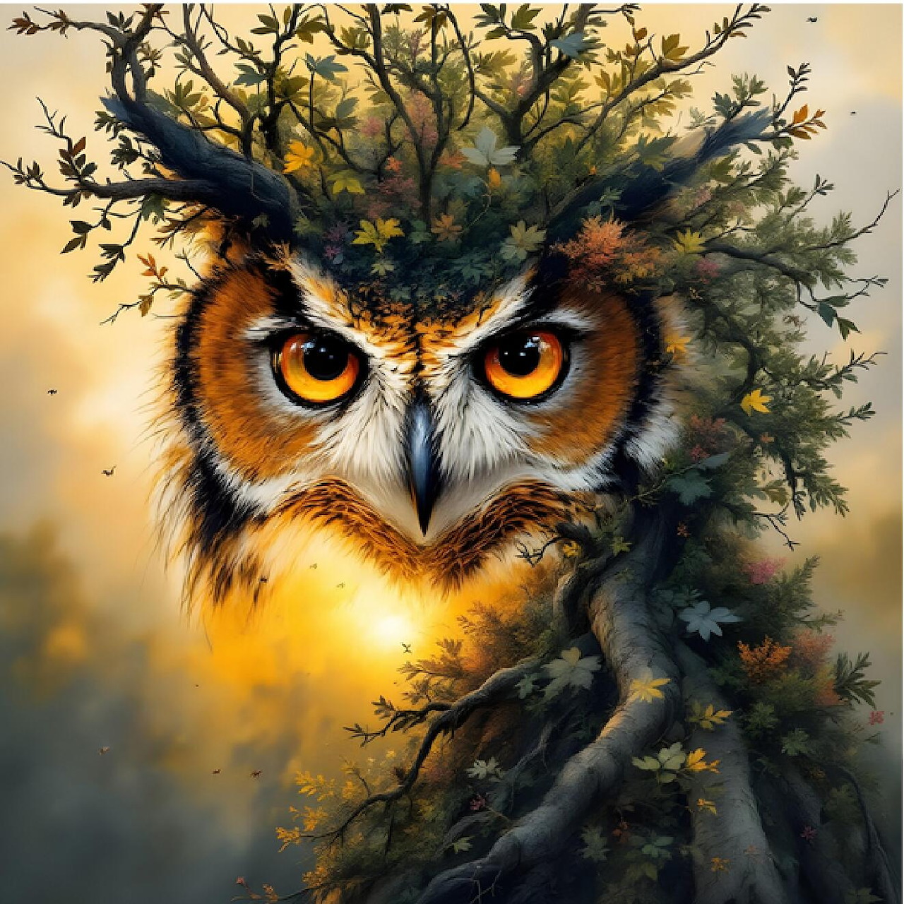 Fantasy owl with bright amber eyes merging with tree branches and leaves