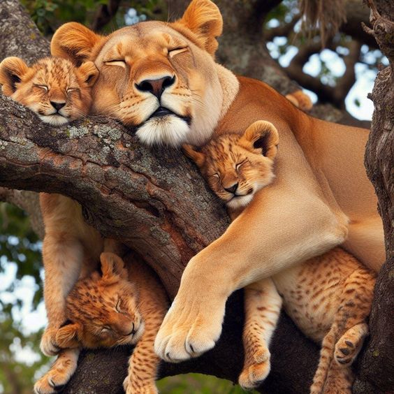 Lioness resting in a tree with several sleeping lion cubs cuddled around her