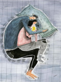 Illustration of a couple cuddling together asleep on a green pillow viewed from above
