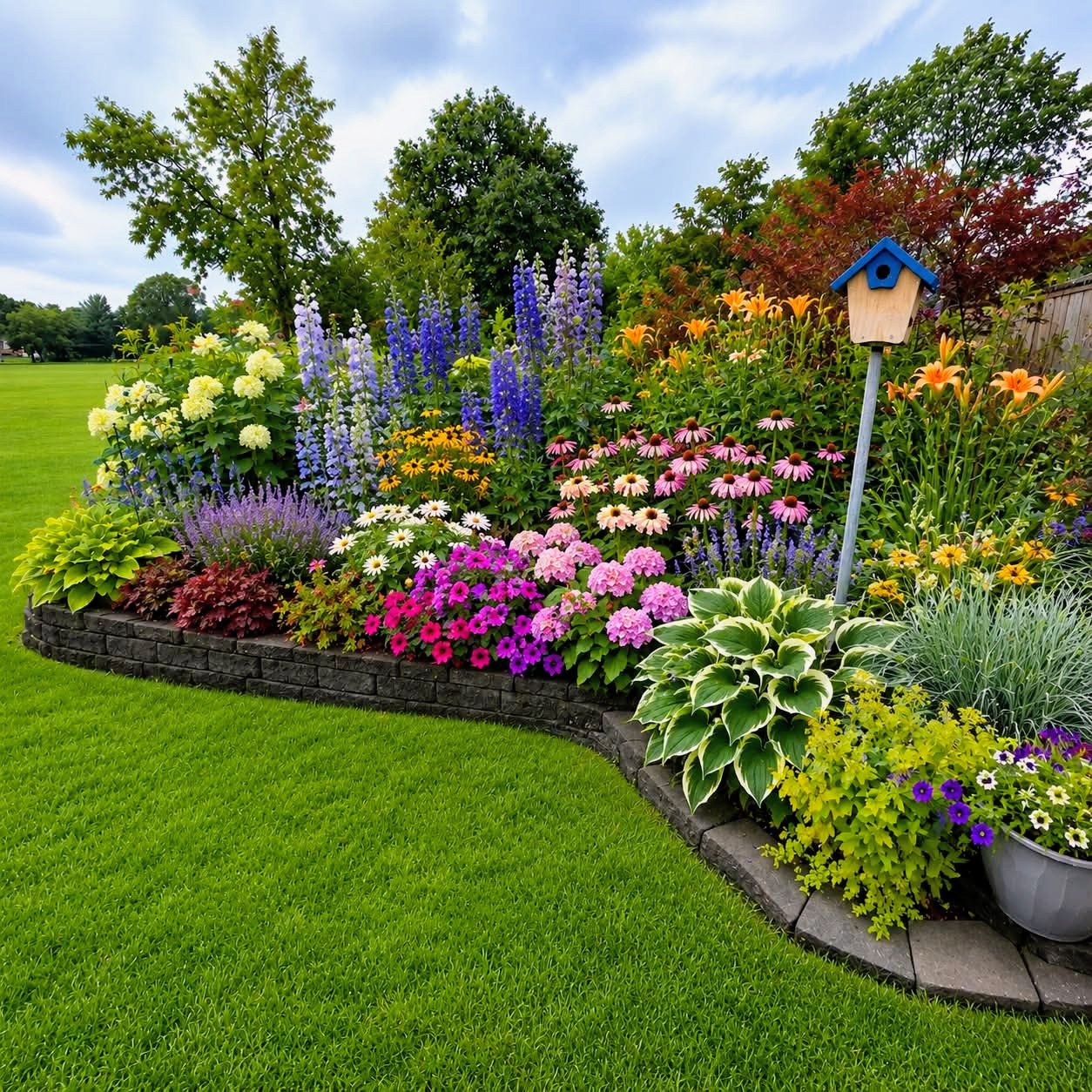 Curved flower bed with colorful blooms, hostas, and plants on green lawn with trees and blue sky
