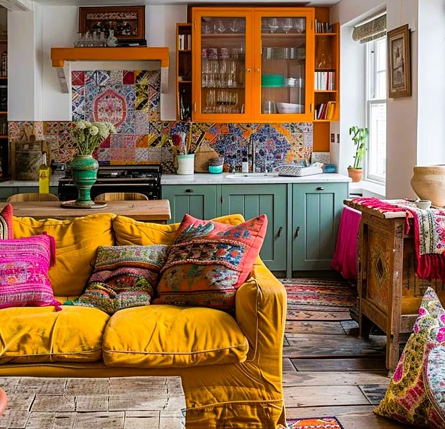 Bright bohemian living room with yellow couch, teal kitchen cabinets, and colorful patterned cushions and artwork