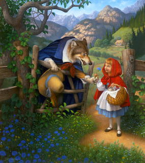 Red Riding Hood with basket meets wolf dressed as grandmother by wooden fence in mountain forest setting