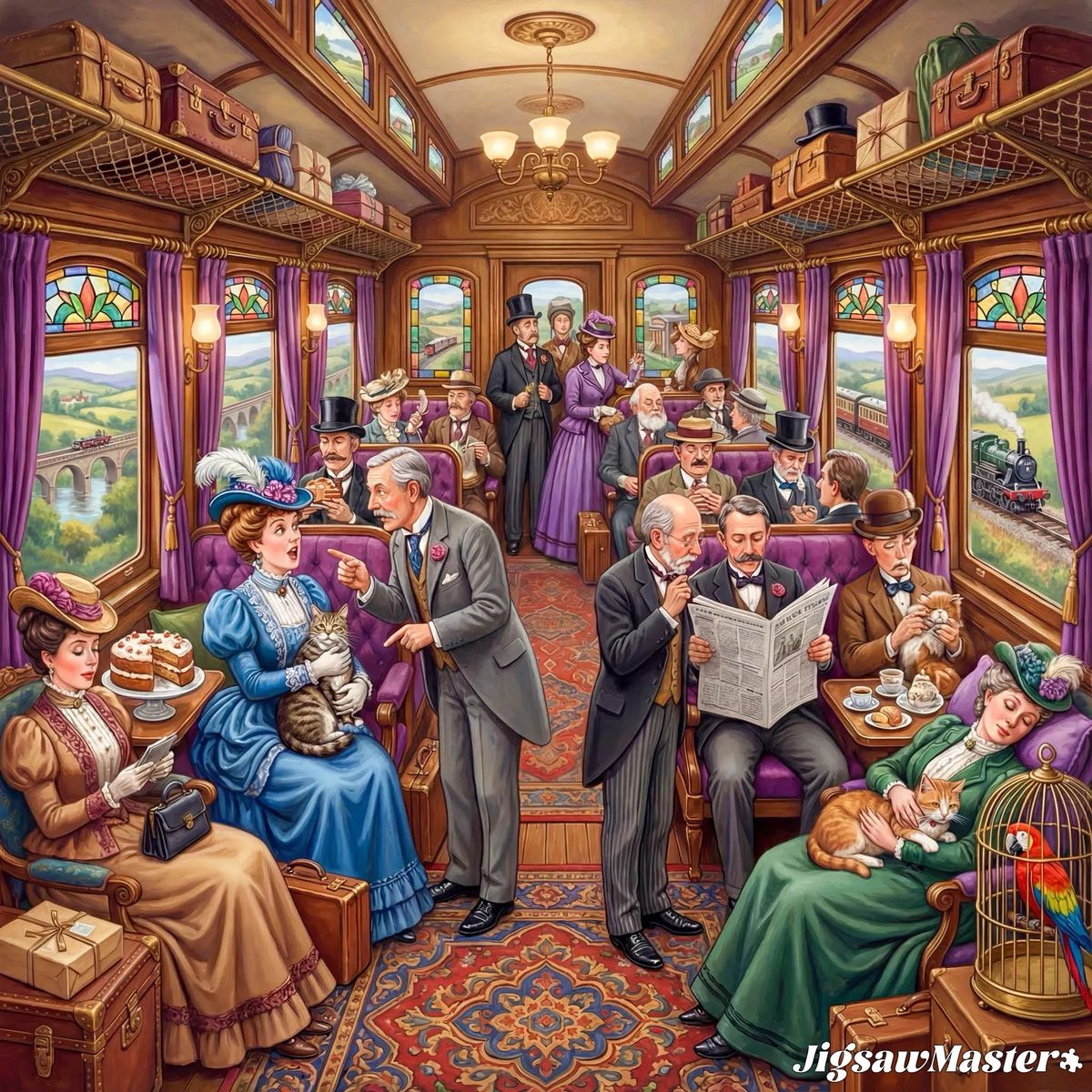 Illustration of Victorian passengers dining in an ornate train car with stained glass windows and scenic views