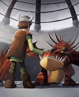 Hiccup in Viking gear standing next to Hookfang the Monstrous Nightmare dragon in a snowy arena