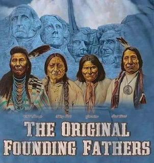 Illustrated poster of four Native American leaders with a blue carved mountain background and large text