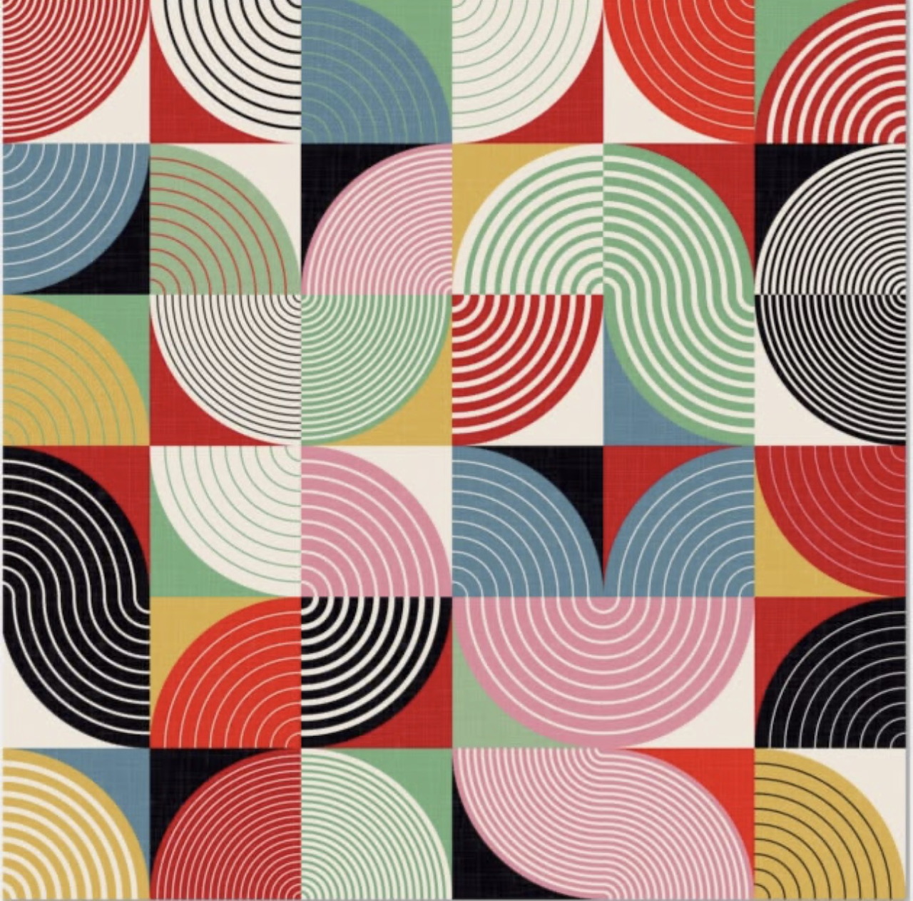 Grid of colorful concentric circles in squares with vintage color palette