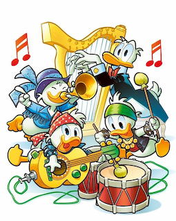 Donald Duck and nephews playing instruments as a cartoon band with musical notes