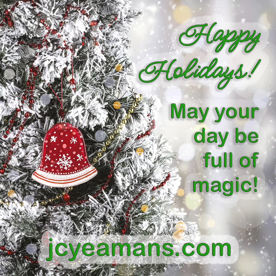 Snowy Christmas tree with a red holiday hat and festive Happy Holidays message