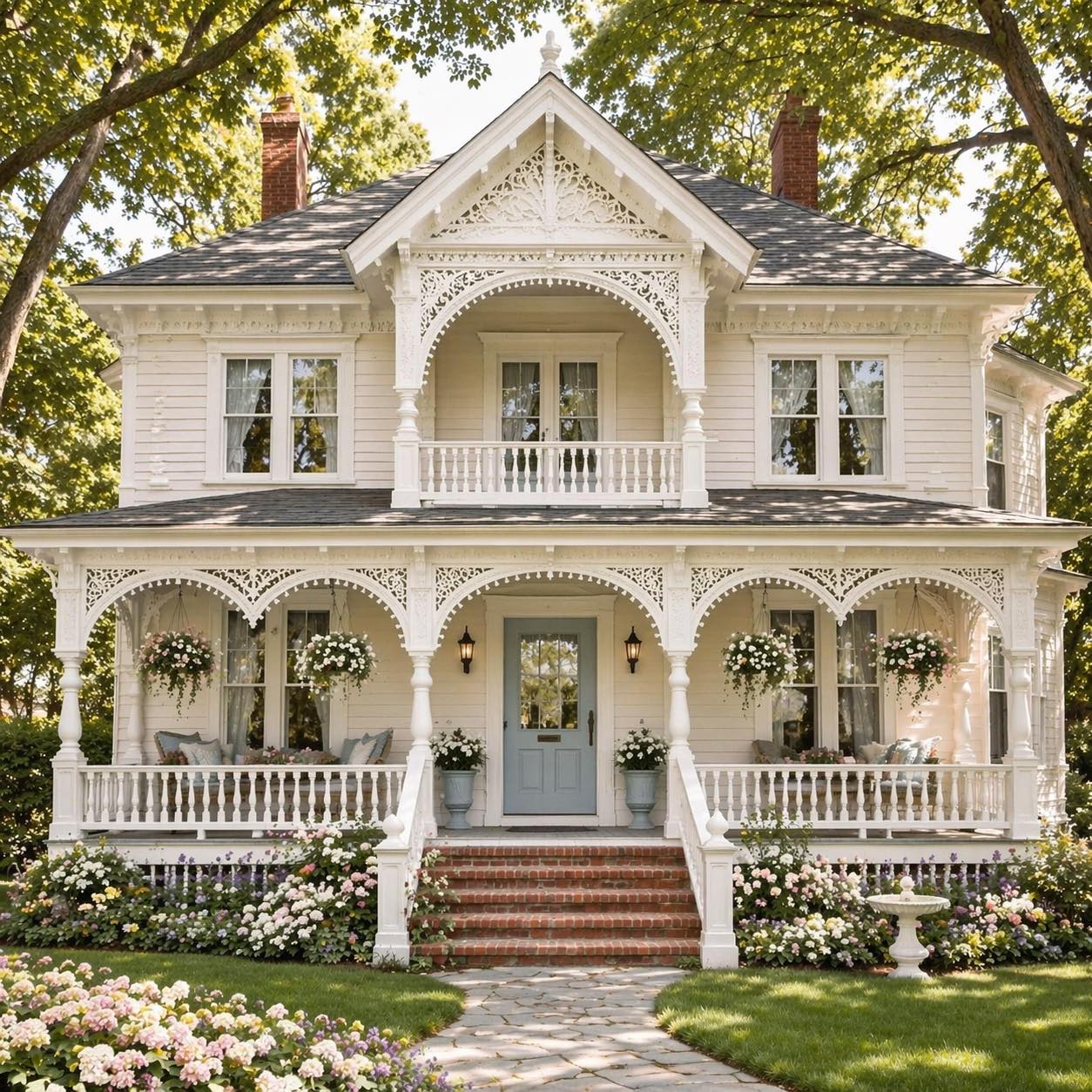 White Victorian house with ornate trim, double-deck porch, brick stairs, and garden