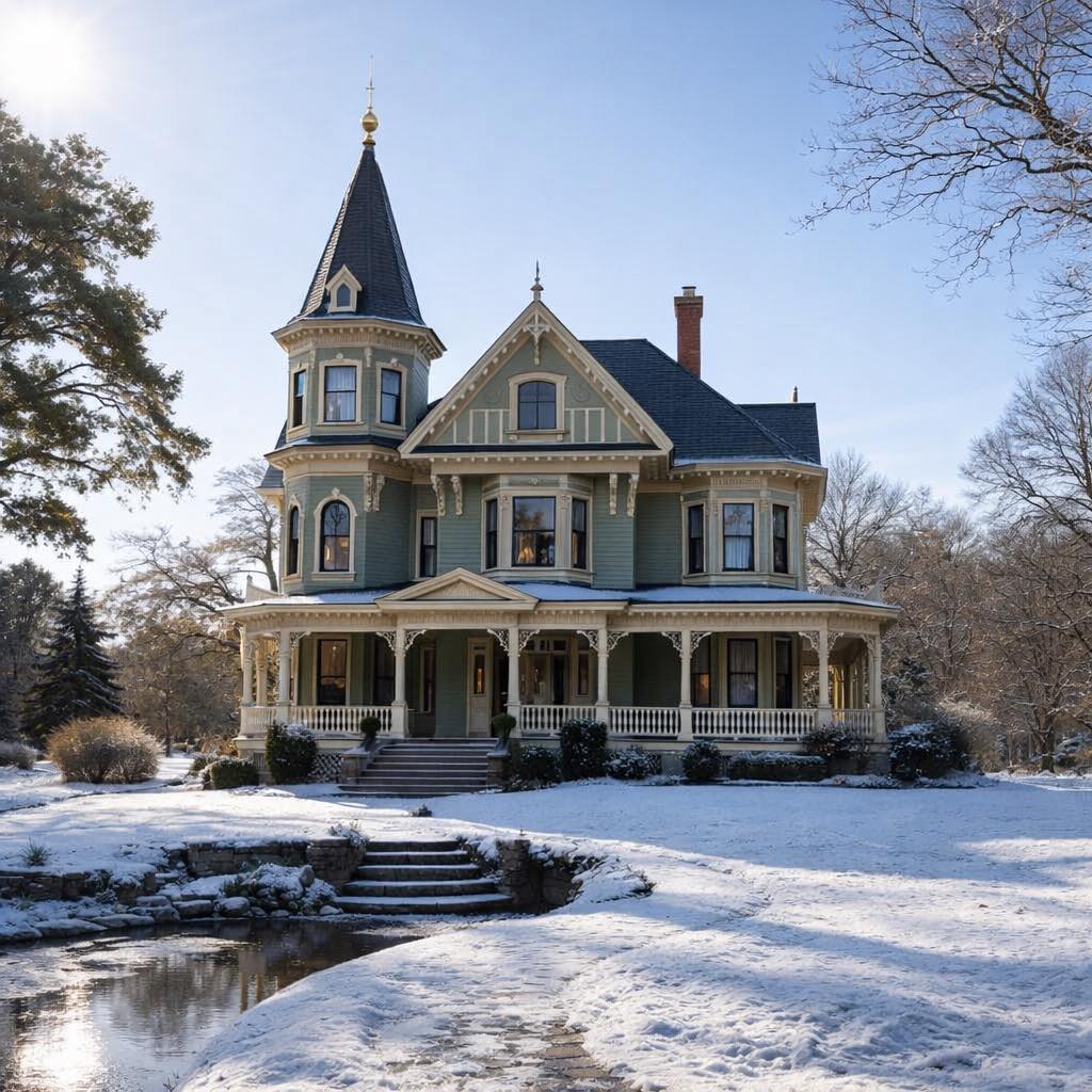 Victorian mansion with turret and porch in snow-covered yard