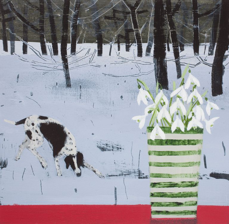 Black and white dog in snowy forest beside green striped vase with white flowers