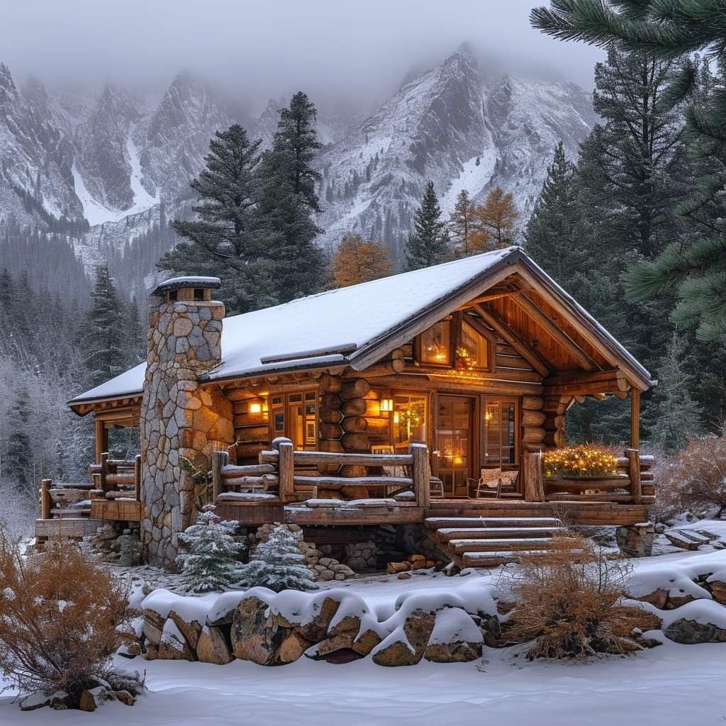 Warmly lit log cabin in snow with pine trees and misty mountains behind