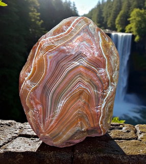 Polished agate stone with colorful orange and pink bands, waterfall and forest in background
