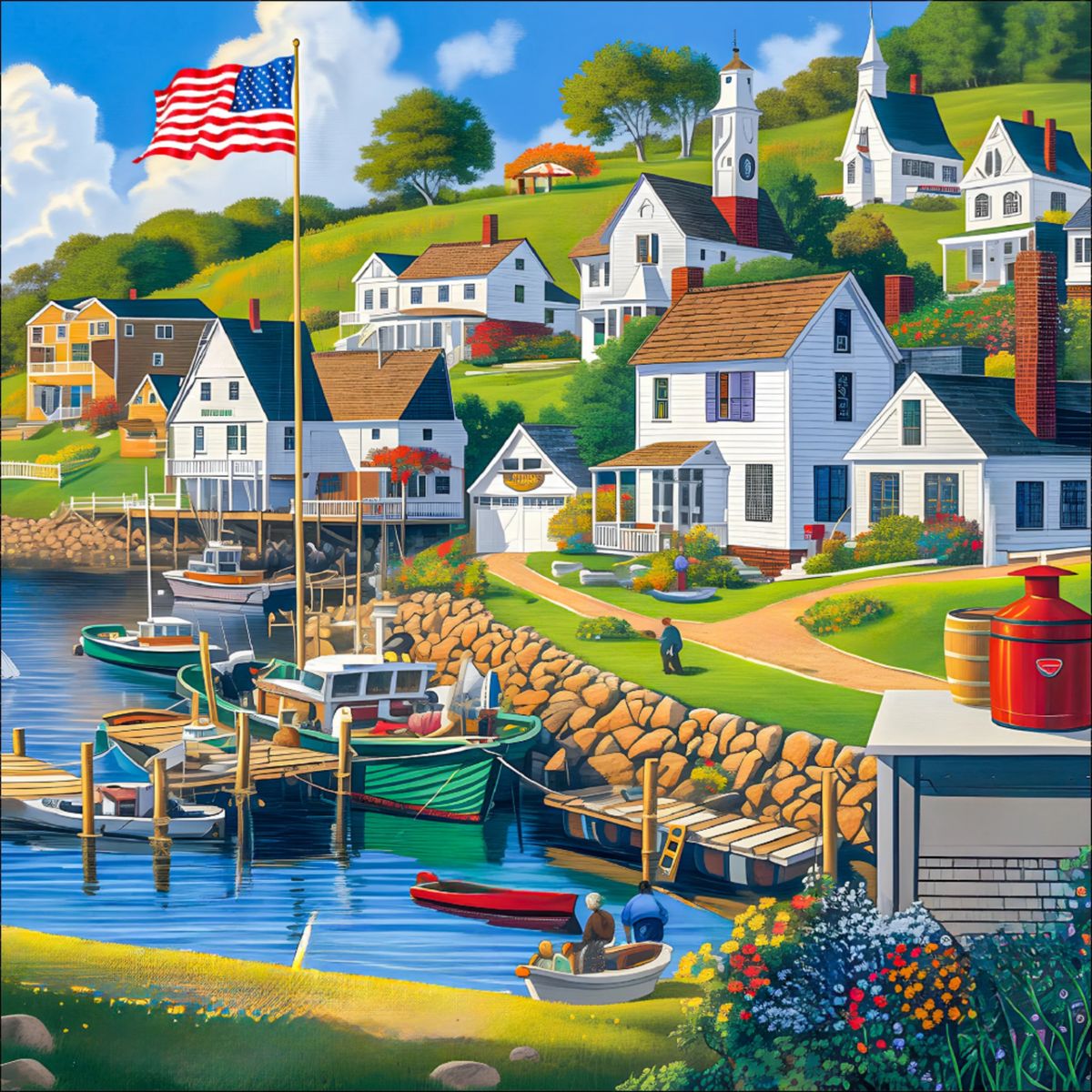 Painted coastal village with white houses, boats in harbor, church, flag, and gardens by water