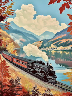 Steam train passing through autumn mountain landscape with lake and colorful trees
