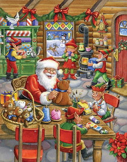 Santa Claus in workshop with elves making toys and gifts surrounded by Christmas decorations