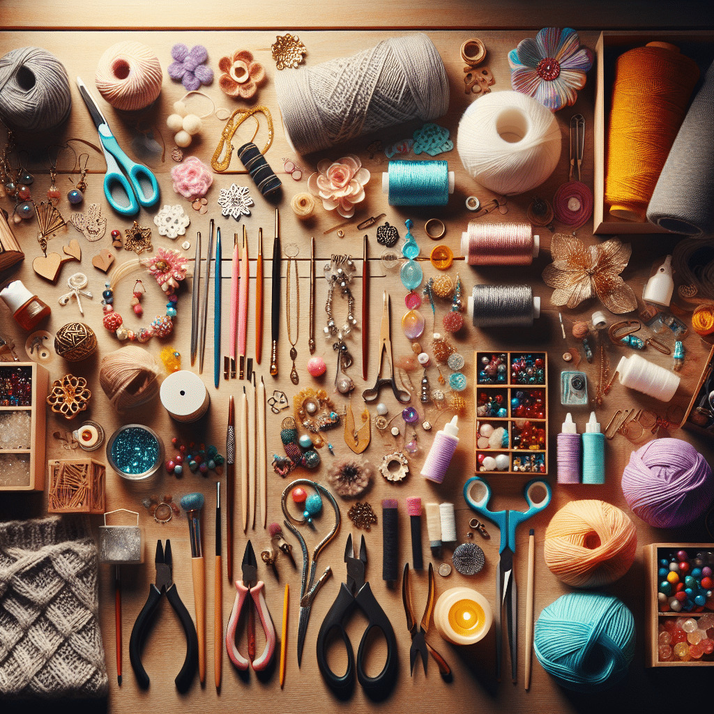 Flat lay of colorful crafting supplies including yarn, thread, scissors, pliers, beads, and crochet hooks on wood
