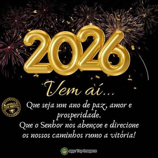 Gold 2026 balloon numbers with fireworks on a black background and a Portuguese celebratory message