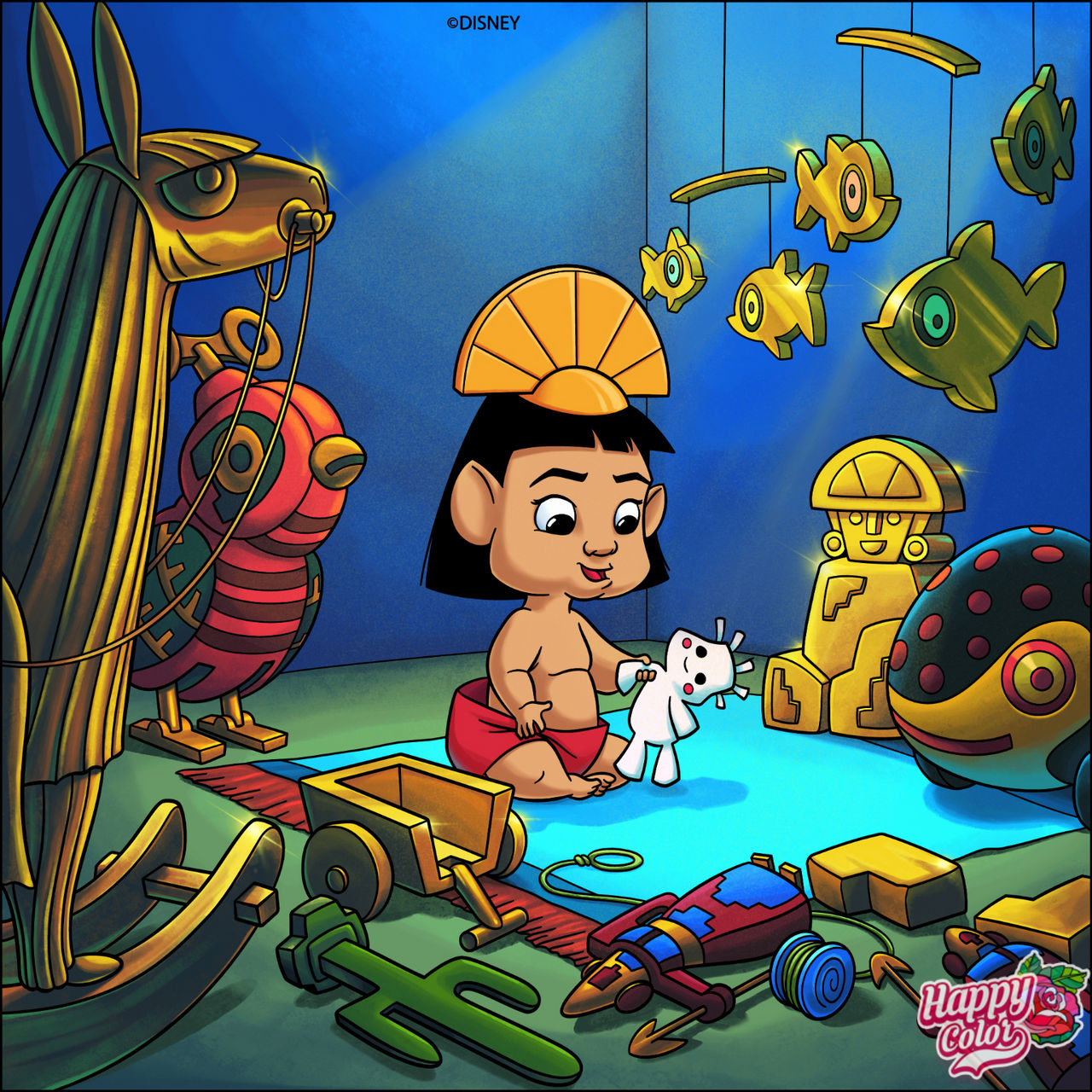 Cartoon boy sitting on the floor in a toy room surrounded by toys and fish wall decorations