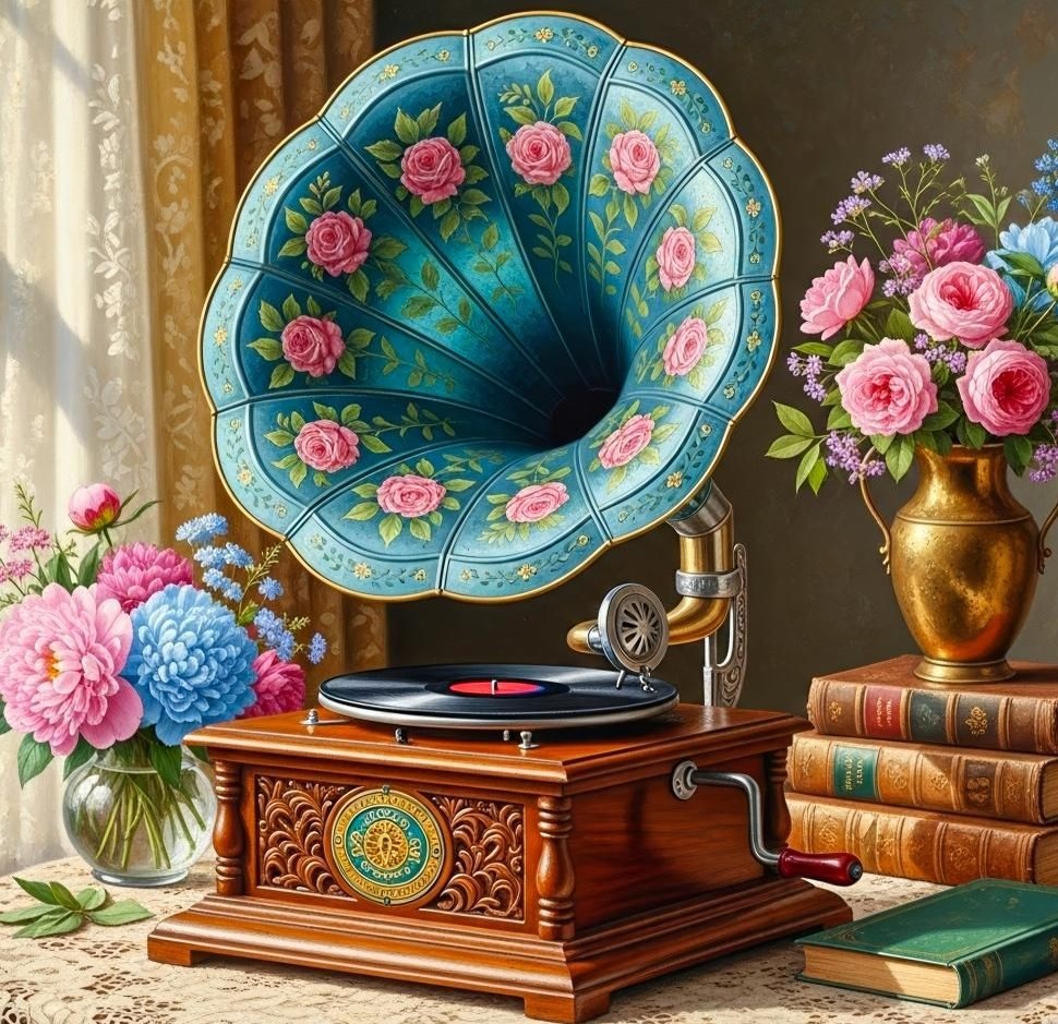 Vintage gramophone with a blue floral horn, pink flowers, and books on a table