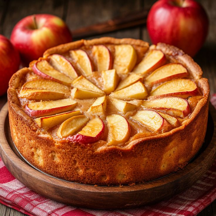 Golden apple cake with sliced apple topping on a wooden board, with red apples behind it