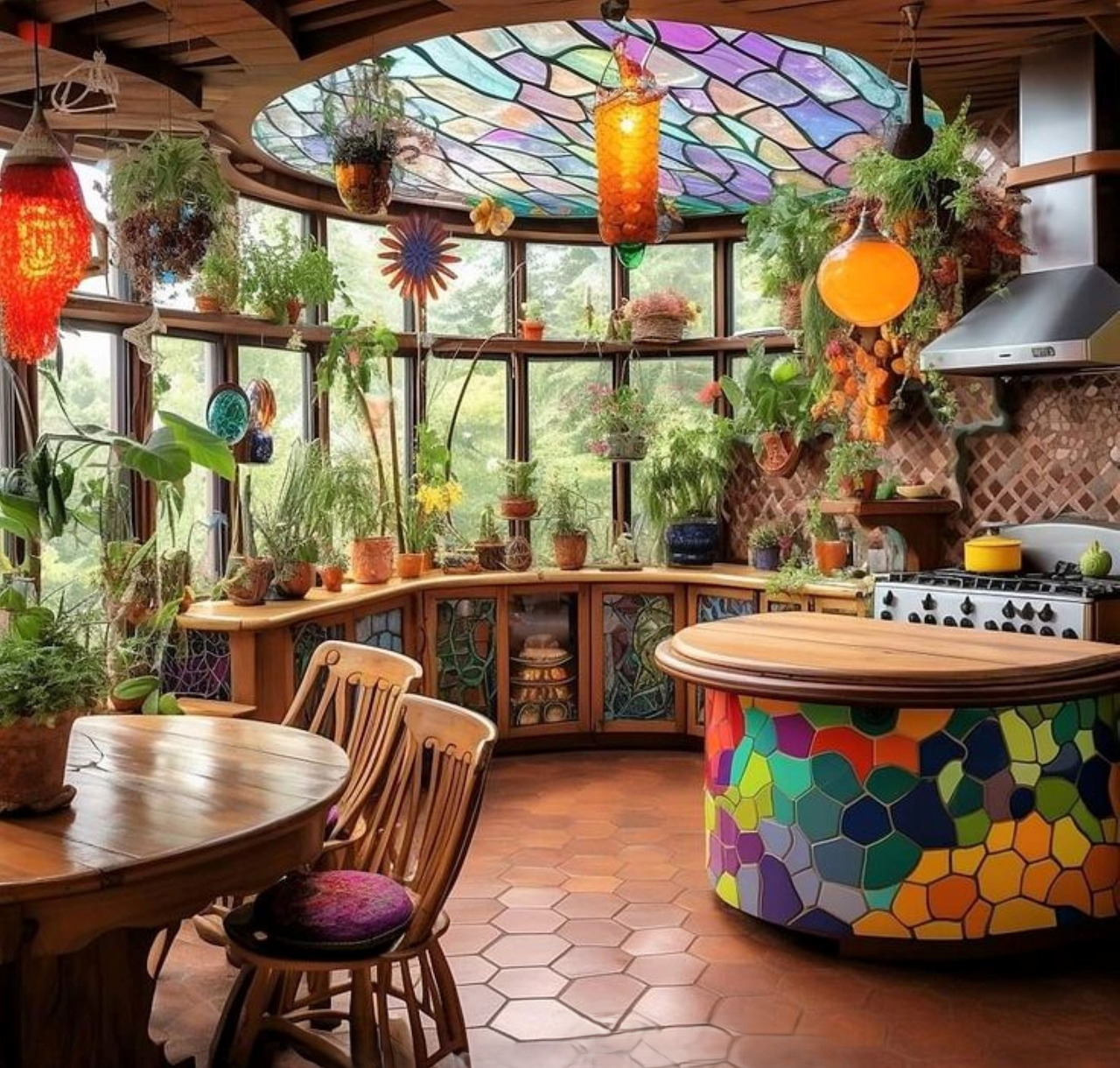 Vibrant bohemian kitchen with stained glass dome, mosaic island, wooden table, and abundant plants