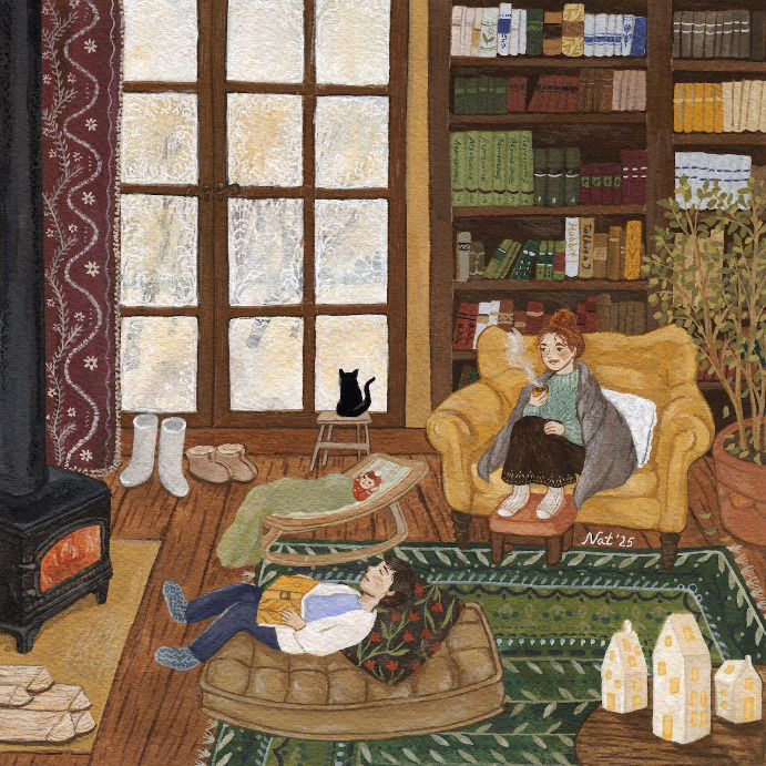 Illustrated cozy living room with fireplace, bookshelves, window, black cat, and two people relaxing