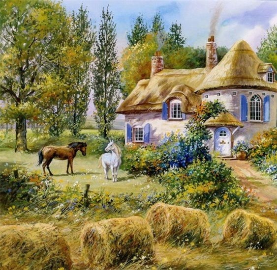 Thatched Cottage with Horses