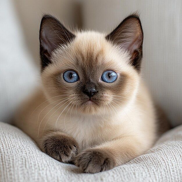 Siamese kitten with blue eyes and color point markings lying on gray fabric