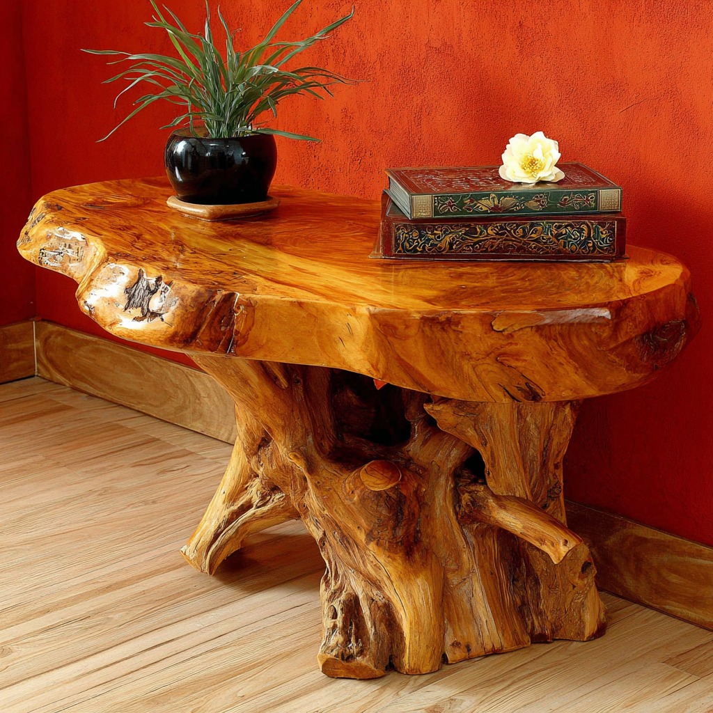 Rustic polished wood table with tree-root base, potted plant, and decorative box against a red wall