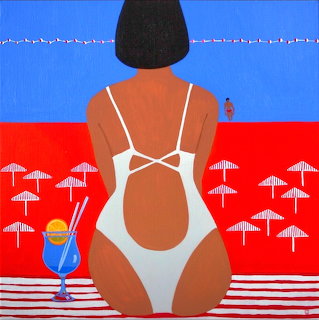 Woman in white swimsuit viewed from behind sitting on red beach with umbrellas and ocean