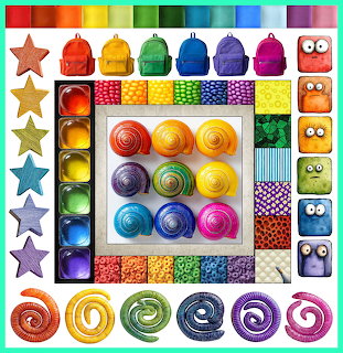 Grid of colorful spiral snail shells in rainbow order with decorative borders of stars, swatches and patterns