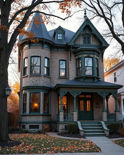 Victorian stone house with turret and bay windows surrounded by fall leaves