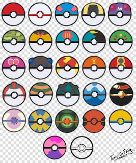Grid of 27 colorful Pokeball designs from Pokemon showing different styles and color combinations