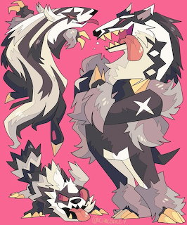 Three black and white zigzag-patterned Pokemon creatures on pink background
