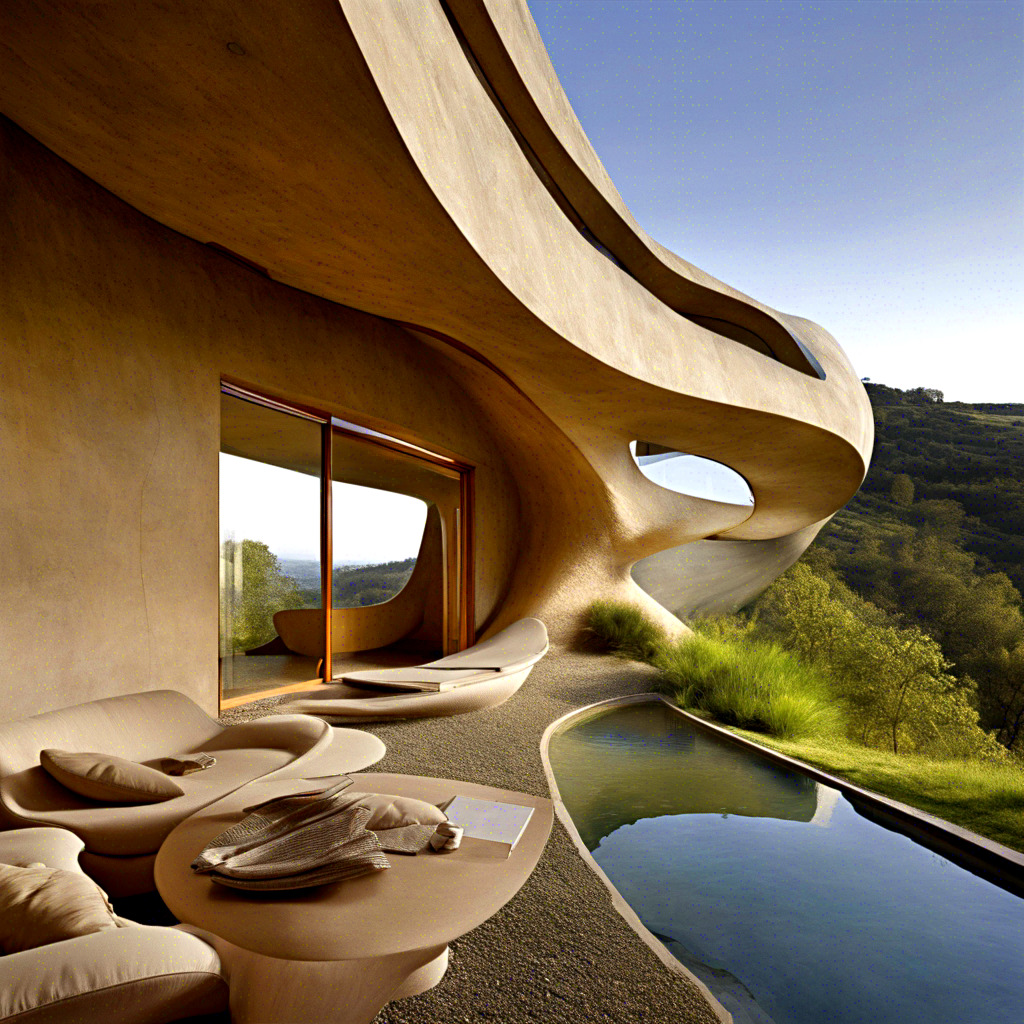 Curved organic architecture house with smooth walls, large windows, and infinity pool in desert setting