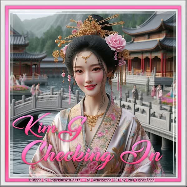 Illustrated woman in ornate hanfu with flowers in her hair, standing before a traditional palace courtyard