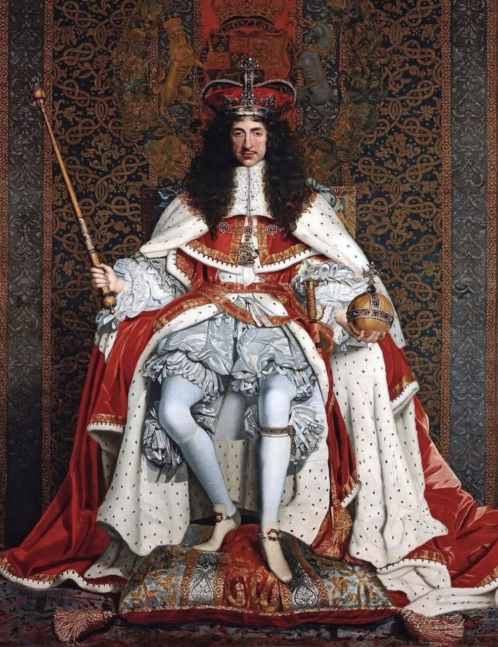Oil painting of a king in coronation robes, crown, scepter and orb seated on a throne
