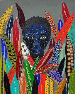 Abstract portrait of dark blue textured face amid colorful stylized leaves and plants