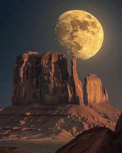 Full moon rising behind a sandstone butte in Monument Valley at night with stars visible