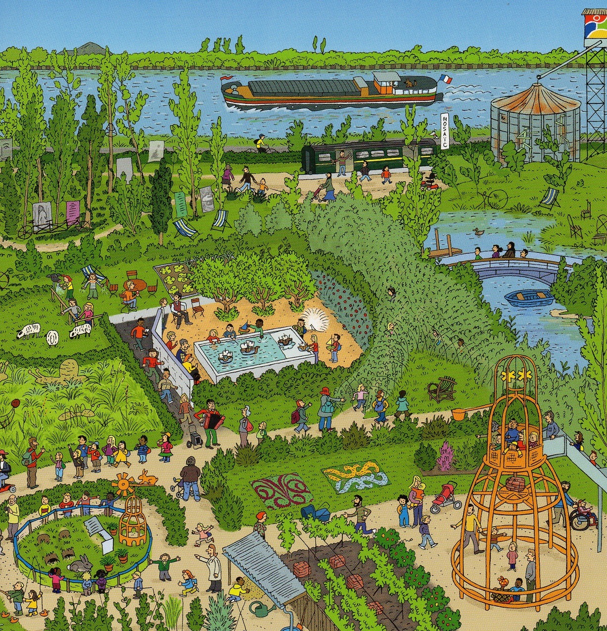 Illustrated overhead view of crowded park with picnic tables, playground, gardens, pond and waterfront with boat