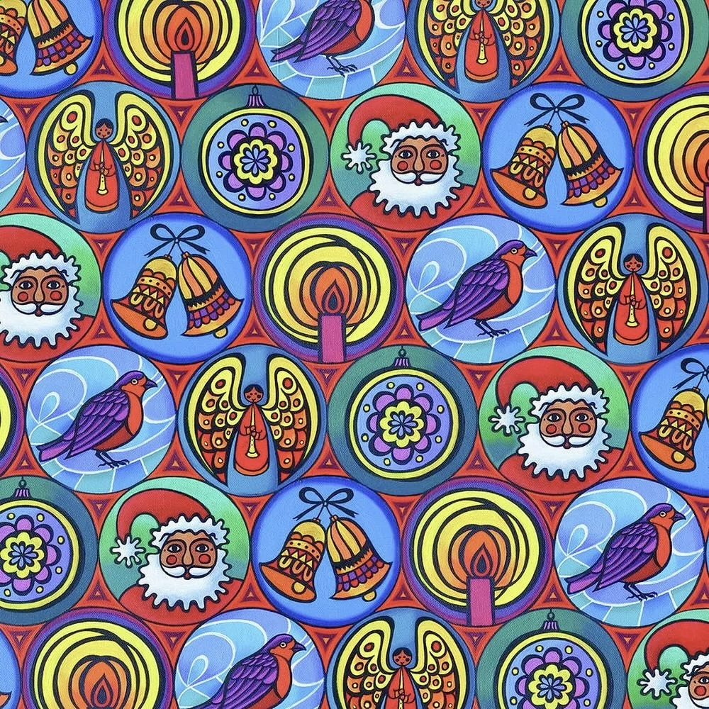 Repeating pattern of colorful Christmas ornaments with Santa, bells, birds, and festive designs on blue
