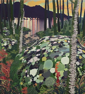 Vibrant painting of mountain lake with lily pads and birch trees at sunset