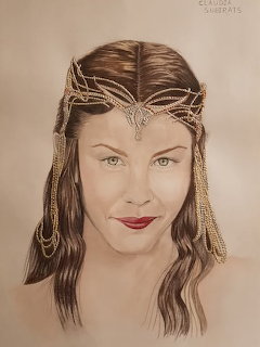 Portrait drawing of a woman with long brown hair and an ornate gold headpiece